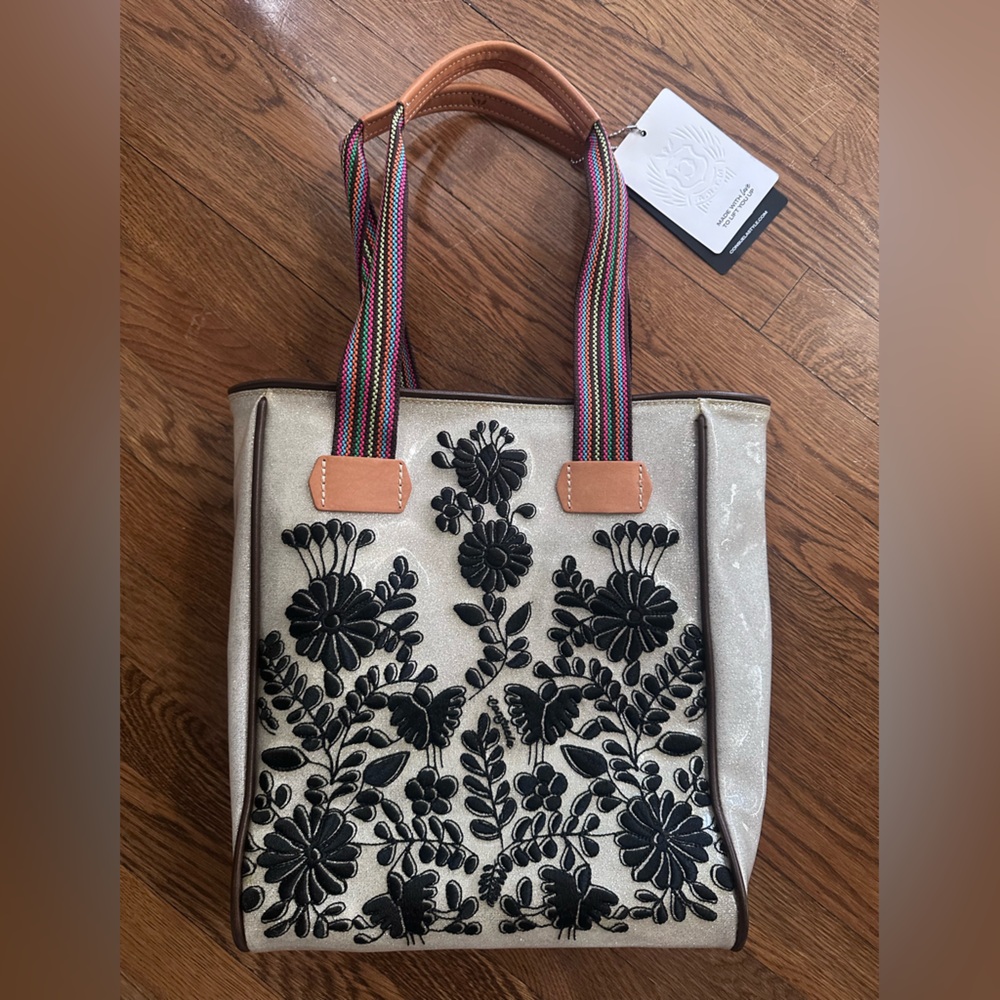 Consuela Chica Classic Tote: Krystal: Black Floral Embroidery, Multicolor Straps - Picture 3 of 13